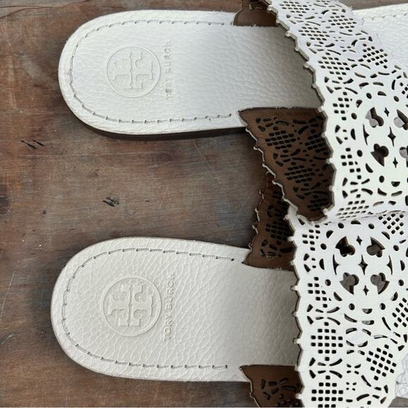 Tory Burch slides sandals flats size 9.5 cutout leather off white lattice eyelet - Picture 5 of 9